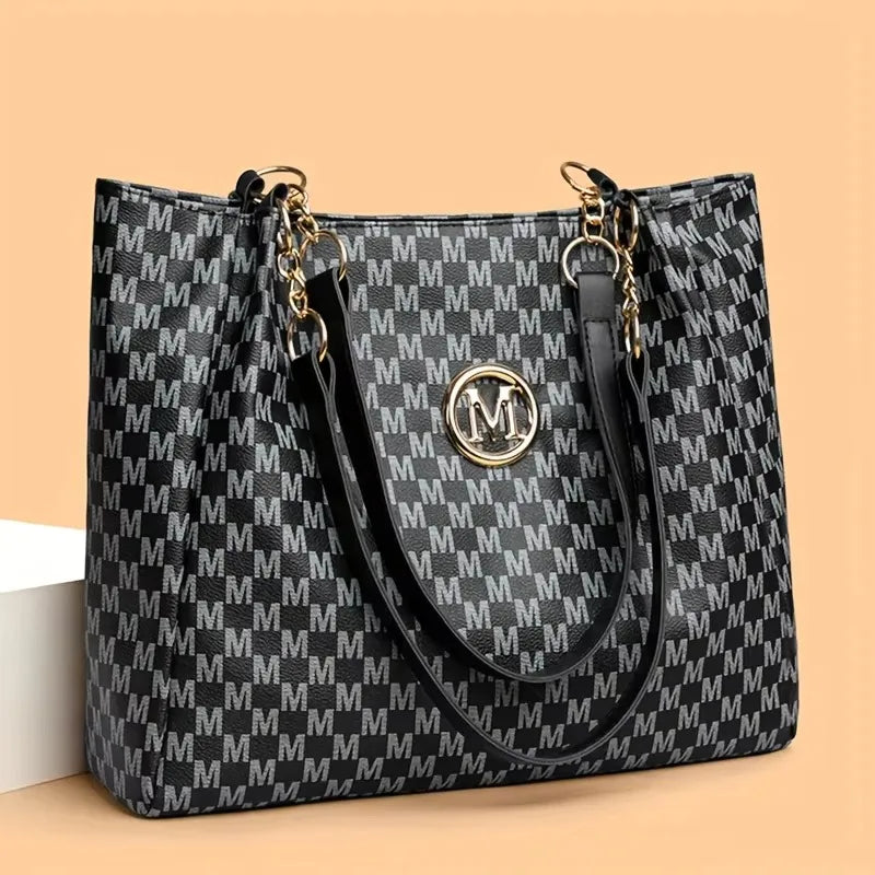 Vintage Geometric Tote Bag for Women – Letter M Design, Large Capacity
