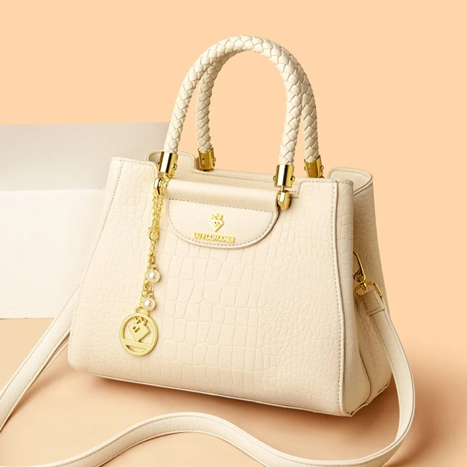 Woven Handle Leather Tote Bag for Women – Elegant Shoulder Crossbody Handbag
