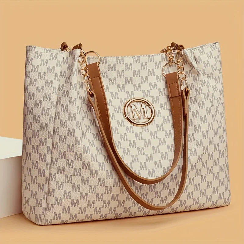 Vintage Geometric Tote Bag for Women – Letter M Design, Large Capacity