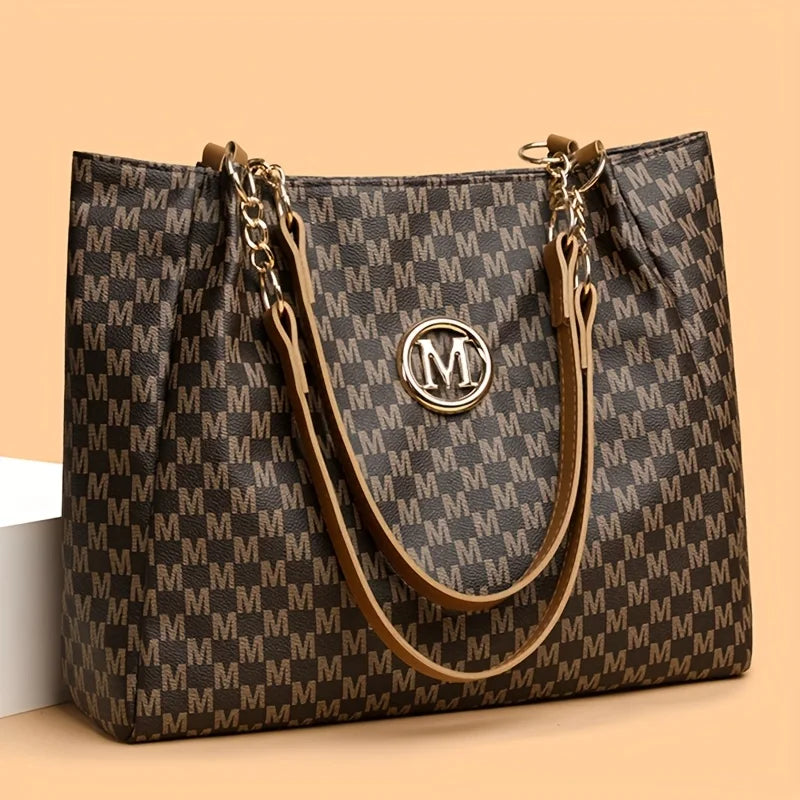 Vintage Geometric Tote Bag for Women – Letter M Design, Large Capacity